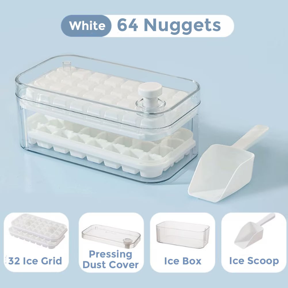 Ice Cube Tray for Freezer, 64 Nuggets Ice Cubes Molds with Lid and Bin, Silicone Ice Freezer Container, Spill- Removable Lid & Ice Scoop, for Whiskey,Cocktail ,White
