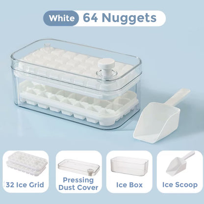 Ice Cube Tray for Freezer, 64 Nuggets Ice Cubes Molds with Lid and Bin, Silicone Ice Freezer Container, Spill- Removable Lid & Ice Scoop, for Whiskey,Cocktail ,White