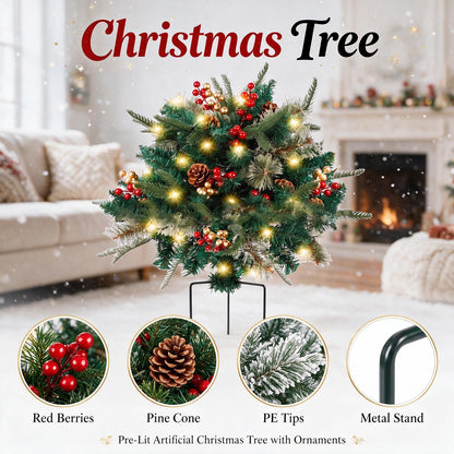 2 Pack Pathway Christmas Tree, Battery Operated Pre-Lit Artificial Small Xmas Tree Urn Filler w/LED Lights Berries and Pine Cones Ornaments for Porch, Driveway, Yard Festival Holiday Decorations