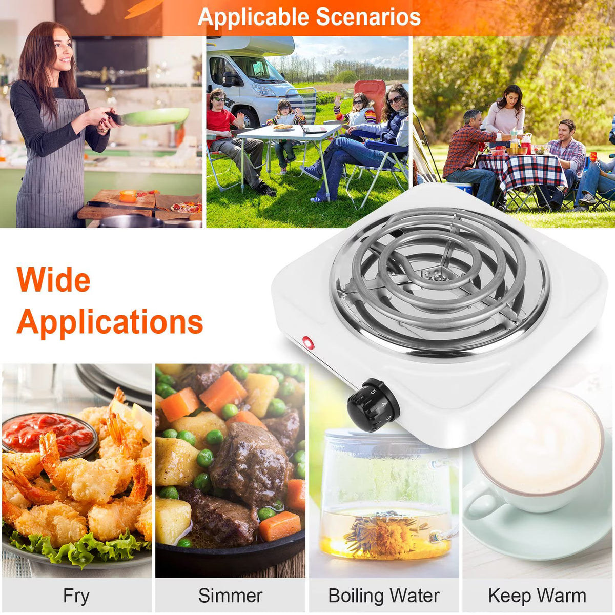 Electric Hot Plate for Cooking, 1000W Stainless Steel Electric Stove Burner with 5 Level Temperature Control, Portable Stove for Home Dorm Office Kitchen Camping Single Burner Electric Cooktop, White