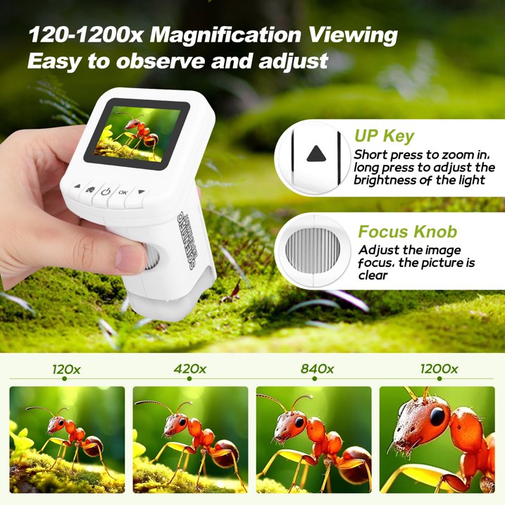 Digital Microscope for Kids 1200X - 2'' LCD Screen STEM Toy with 32G SD Card for Photo/Video, Portable Pocket Microscope for Boys Girls Ages 6,7,8-12, Science Kit Gift Birthday Christmas