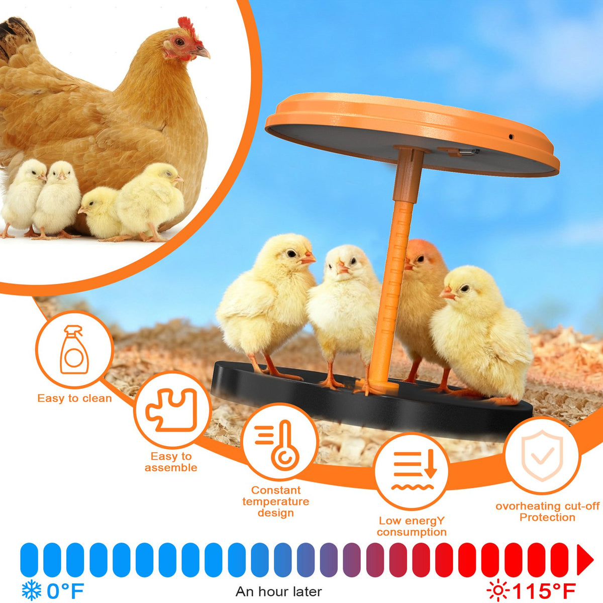 Chicken Coop Heater Lamp, Warmer Brooder Heater for Baby Chicks Pets with Adjustable Height and Angle, Smart Incubator Heater for Poultry Duck Goose Farm Lab Home