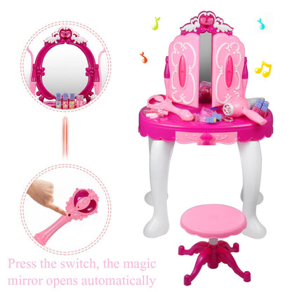 Brrnoo Girls Pretend Play Makeup Toy Set Dressing Table Girl's Vanity Beauty Dress Up Table w/ Jewelry Music Wand Kids Makeup Cosmetics Playset
