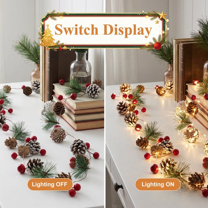 9.8ft Christmas Garland with Lights, 30 LED Red Berry Pine Cone Garland Lights Battery Operated, LED Garland String Lights, Indoor Outdoor Christmas Decorations for Home Garland Fireplace Decor