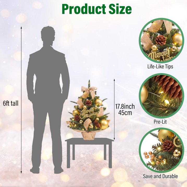Mini Christmas Tree Tabletop Set with 30 LED Lights, 18 inch Artificial Xmas Tree with PineCones Berries Bows Balls & Gift Boxes Ornaments, Perfect DIY Xmas Decorations for Holiday Home Kitchen