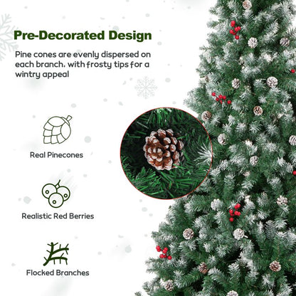 7FT Artificial Christmas Tree w/ 1100 PVC Branch Tips, Pine Cone & Red Berries for Home Office Party Decor, Snow Flocked Xmas Tree with Foldable Metal Stand, Indoor Holiday Festival Decoration