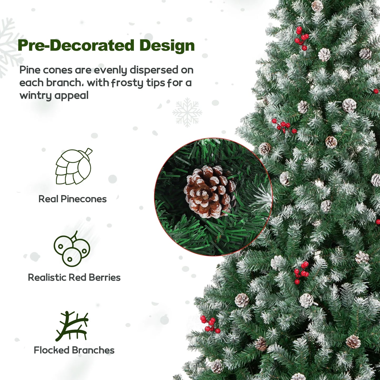 6FT Pre-Decorated Artificial Christmas Tree w/ 800 PVC Branch Tips, Pine Cone & Red Berries for Home Office Party Decoration, Partially Flocked Design Xmas Trees w/ Dense Branches & Metal Stand