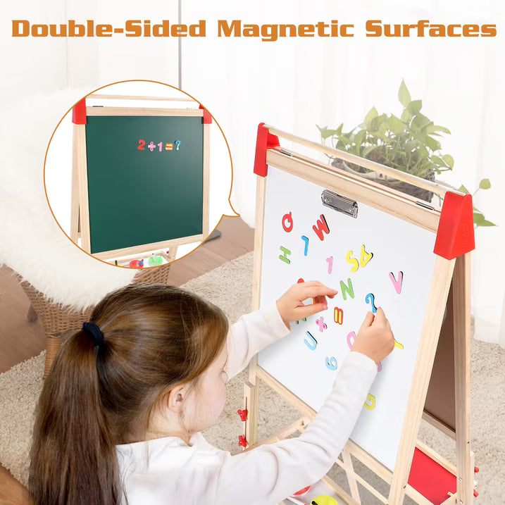 Wooden Art Easel, Adjustable Height Drawing Easel with Double Sided Whiteboard Chalkboard, Foldable Dry Erase Board with Accessories, Perfect Painting Gifts
