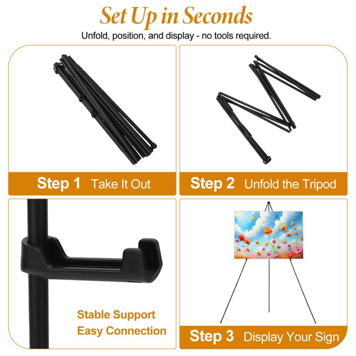 66 inches Easel Stand for Sign, Black, with Carry Bags, Lightweight Metal Display Easel & Poster Stand, Adjustable Portable Easels for Display, Arts, Posters, Wedding Sign (Supports 5 Pounds)