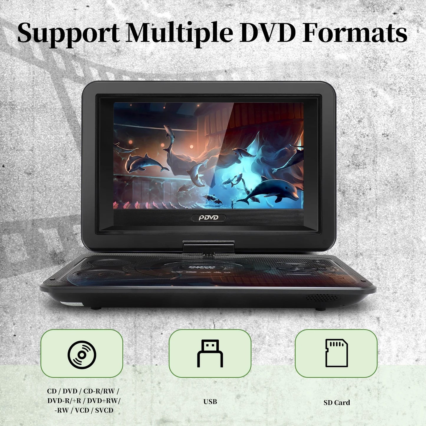 13.9inch Portable DVD Player, 10.1" Swivel Screen, Built-in Rechargeable Battery Car DVD Player for Kids, Support CD/DVD/SD Card/USB/Connect TV, Remote Control, Black