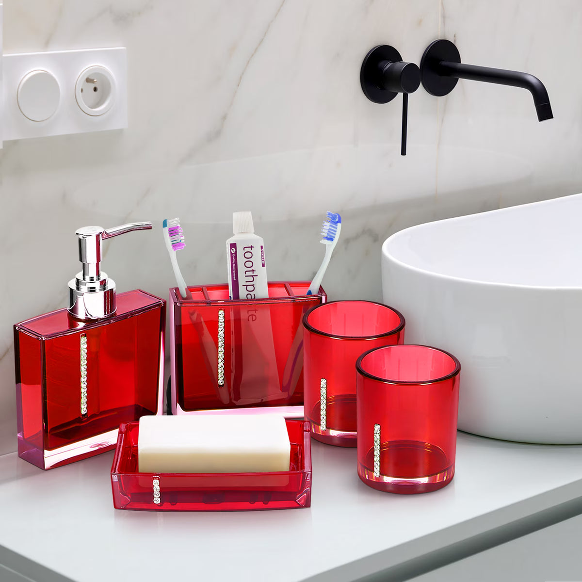 Garosa Red Bathroom Accessories, Acrylic Bathroom Accessories Set With Bath Cup Bottle Toothbrush Holder Soap Dish 5PC/Set For Hotel Home Bathroom Use