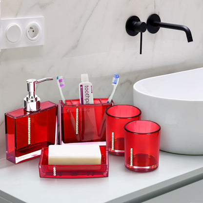 Garosa Red Bathroom Accessories, Acrylic Bathroom Accessories Set With Bath Cup Bottle Toothbrush Holder Soap Dish 5PC/Set For Hotel Home Bathroom Use