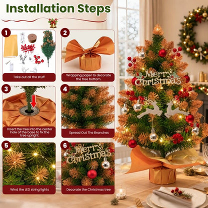 Mini Christmas Tree with Lights, Battery Operated 18 inch Small Artificial Table Top Christmas Tree Decoration with Red Berries, Ball Ornaments, Deer Ornaments DIY Holiday Home Office Indoor Decor
