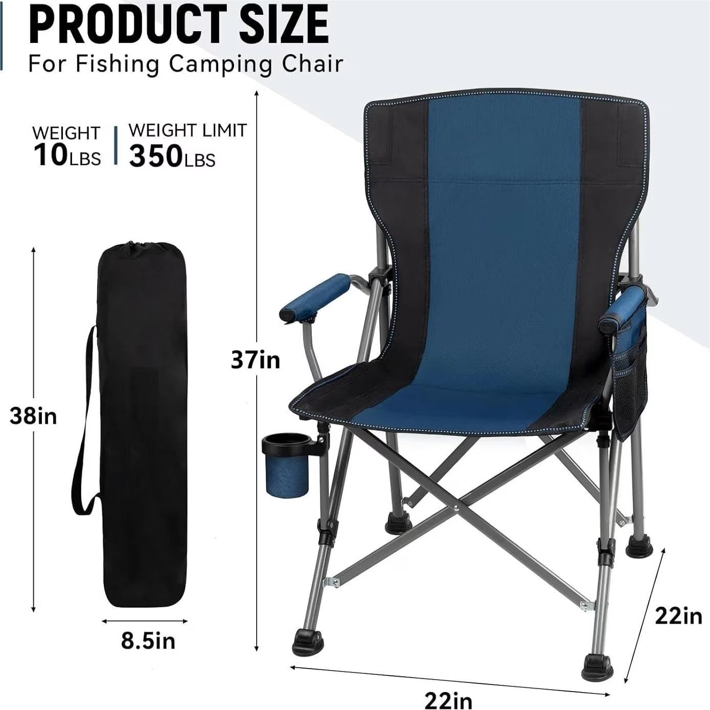 Folding Camping Chair, Portable High Back Folding Lawn Chairs for Adults, Outdoor Camping Chair with Cup Holder, Side Pocket, Hard Armrest, Carry Bag, Anti-slip Footpad, Support 350 lbs, Dark Blue