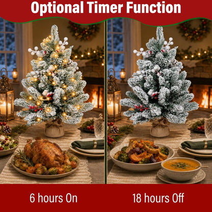 Small Xmas Tree Warm Light LED String Flocked Snow Decor Artificial Desktop Xmas Pine Tree for Home 60cm / 23.6in