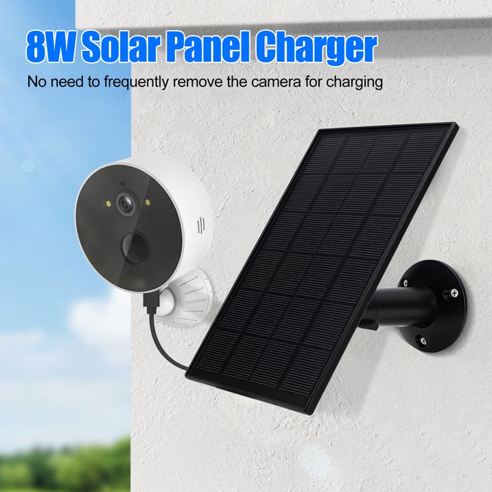 8W Solar Panel Charger, Solar Panel with Micro USB & USB C Port for DC 5V Outdoor Rechargeable Battery Camera, IP66 Waterproof, 360° Adjustable Security Mount, Black