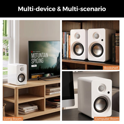 50W Powered Bookshelf Speakers, Bluetooth 5.3 Active Desktop Speakers with 3 inch Woofer, SUB OUT for External Subwoofer, ARC/Type C/AUX Inputs, Remote Control for TV PC Turntable, White