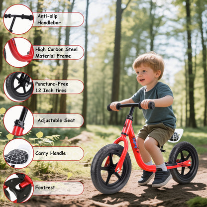 12-Inch Balance Bike No Pedal Lightweight Bike for Boys Girls 1.5 to 4 Years Old, Toddler Bike with Adjustable Seat, Carry Handle
