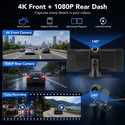 10.26" Portable Wireless CarPlay Screen for Car with 4K Dash Cam and 1080P Backup Camera, Wireless Car Play & Android Auto, OTA, Navigation, Voice Control, Mirror Link, Music Player