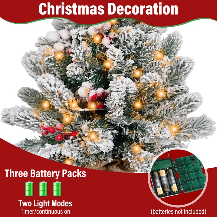 Small Xmas Tree Warm Light LED String Flocked Snow Decor Artificial Desktop Xmas Pine Tree for Home 60cm / 23.6in