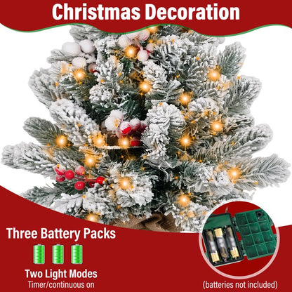 Small Xmas Tree Warm Light LED String Flocked Snow Decor Artificial Desktop Xmas Pine Tree for Home 60cm / 23.6in