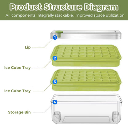 Ice Cube Tray for Freezer, 64 Nuggets Ice Cubes Molds with Lid and Bin, Silicone Ice Freezer Container, Spill- Removable Lid & Ice Scoop, for Whiskey,Cocktail ,Green
