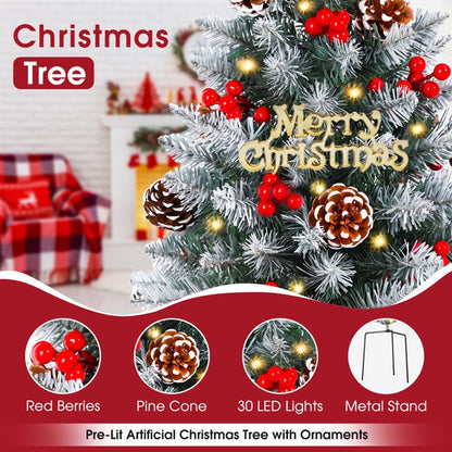 Set of 2 Pathway Christmas Tree Urn Filler, Pre-lit Artificial Small Xmas Tree with Cones & Red Berries, 60 Warm Lights Outdoor Christmas Porch Decorations for Gardens, Porch & Yard
