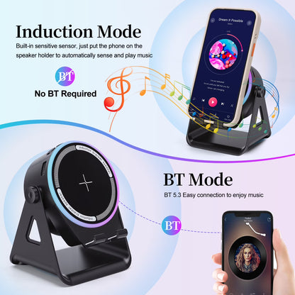 Wireless Induction Speaker 5-in-1 Bluetooth Speaker with Phone Stand, Stereo Sound, 7 RGB Ambient Light, 360° Adjustable Holder for iPhone/Android/iPad, Gifts for Men Women (Black)