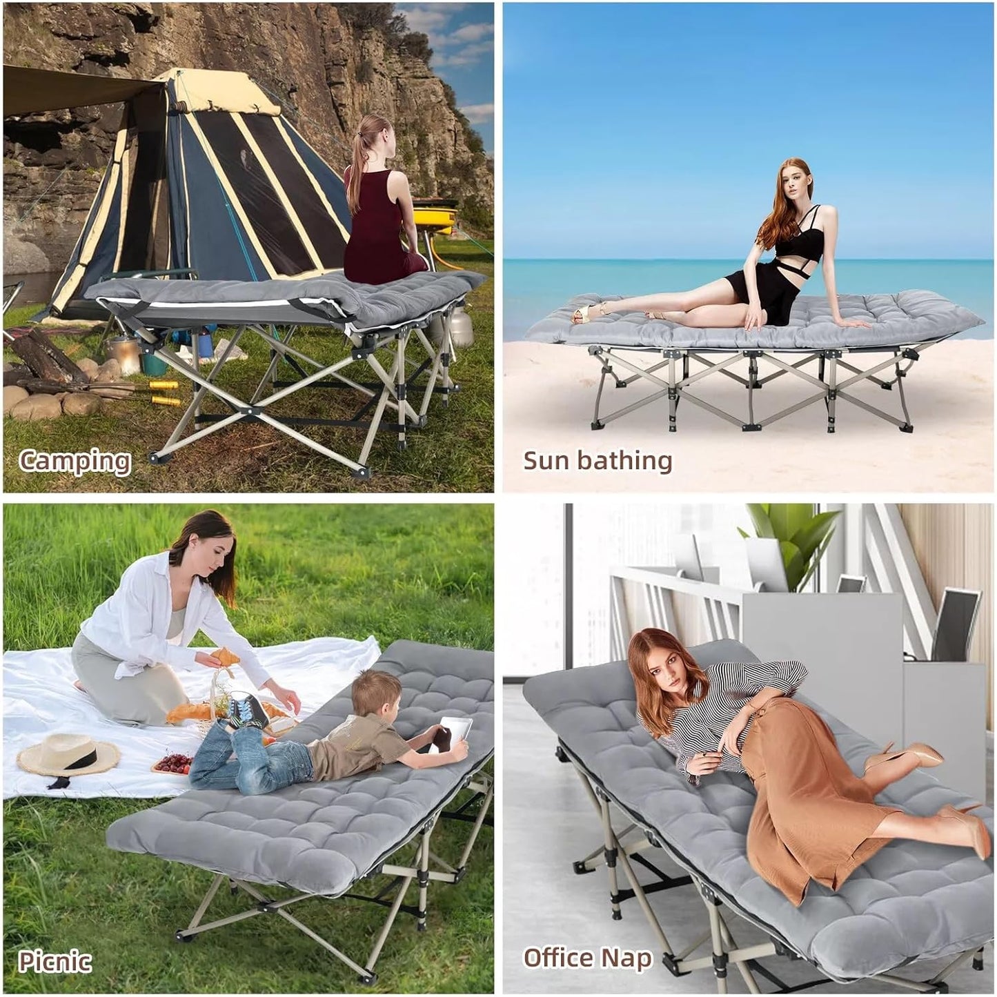 Folding Camping Cots for Adults, Portable Outdoor Camping Bed with Mattress, Heavy Duty Guest Bed Sleeping Cot Folding Bed for Camping Traveling Office Use, 74" X 26", Gray, Supports 330 lbs