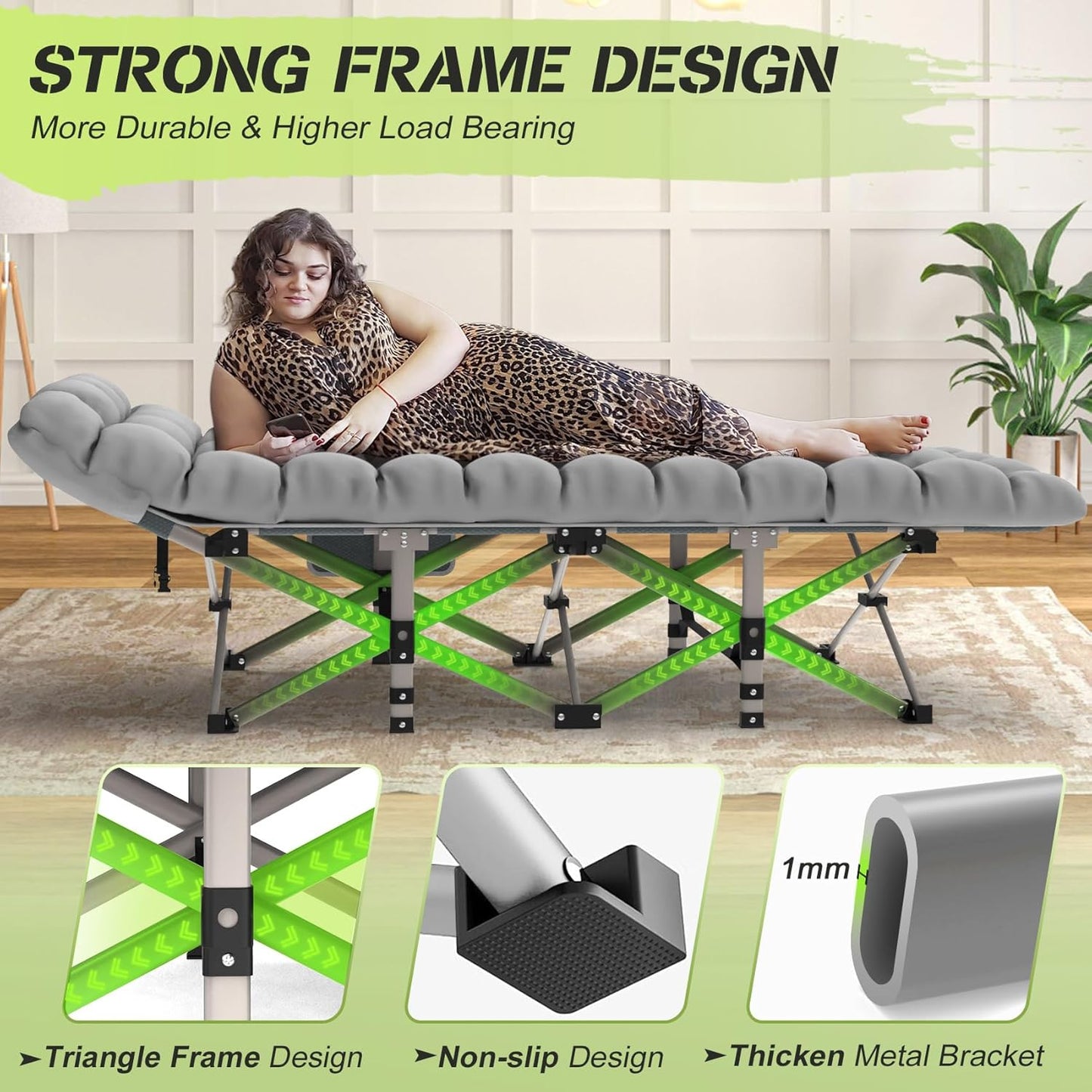 Folding Camping Cots for Adults, Portable Outdoor Camping Bed with Mattress, Heavy Duty Guest Bed Sleeping Cot Folding Bed for Camping Traveling Office Use, 74" X 26", Gray, Supports 330 lbs