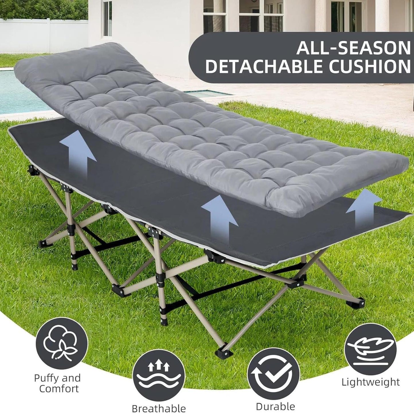 Folding Camping Cots for Adults, Portable Outdoor Camping Bed with Mattress, Heavy Duty Guest Bed Sleeping Cot Folding Bed for Camping Traveling Office Use, 74" X 26", Gray, Supports 330 lbs