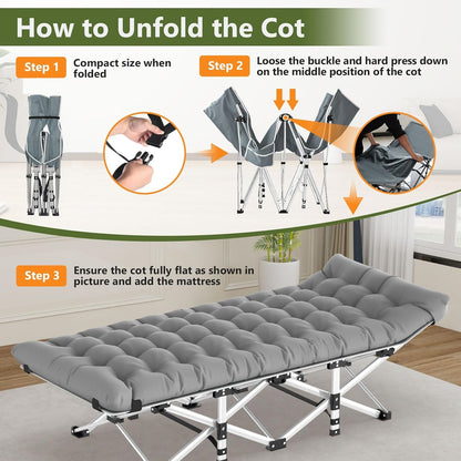 Folding Camping Cots for Adults, Portable Outdoor Camping Bed with Mattress, Heavy Duty Guest Bed Sleeping Cot Folding Bed for Camping Traveling Office Use, 74" X 26", Gray, Supports 330 lbs