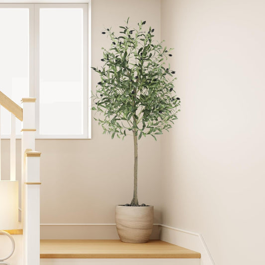 7FT Artificial Olive Tree Indoor, Tall Faux Olive Tree, Artificial Plants with Natural Wood Trunk and Lifelike Fruits for Home Office Decor