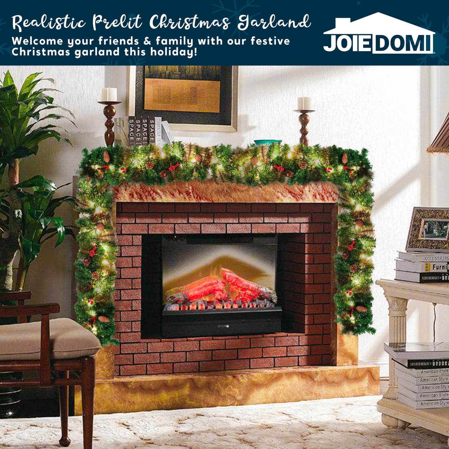 9FT Pre-Lit Artificial Christmas Garland, Green, Wintry Pine, White Lights, Decorated with Pine Cones, Berry Clusters, Plug In, Christmas Collection