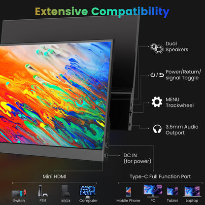 15.6" Portable Monitor for Laptop, 1080P FHD IPS Display External Monitor for Laptop PC Mac Phone, HDR Plug&Play Gaming Monitor w/Adjustable Protection Cover & Speakers, USB C Computer Display