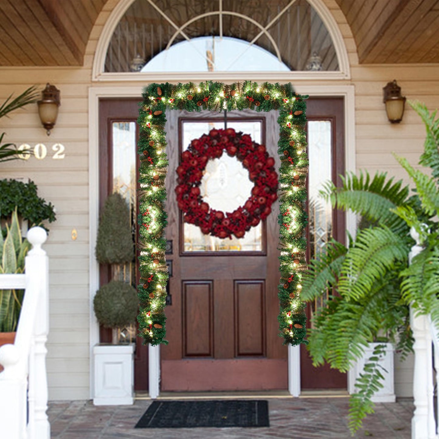 9FT Pre-Lit Artificial Christmas Garland, Green, Wintry Pine, White Lights, Decorated with Pine Cones, Berry Clusters, Plug In, Christmas Collection