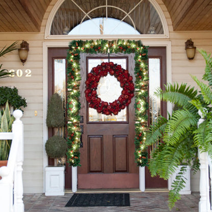 9FT Christmas Garland, Pre-lit Artificial Garland Decorations Greenery with Flowers, Berries Cones Balls Ornament, Warm White 50 LED Lights, Indoor/Outdoor, Flocked with Mixed Decor