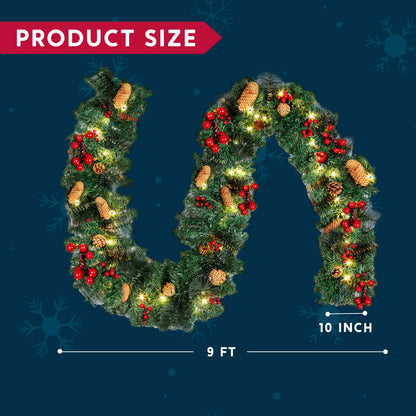 9FT Christmas Garland, Pre-lit Artificial Garland Decorations Greenery with Flowers, Berries Cones Balls Ornament, Warm White 50 LED Lights, Indoor/Outdoor, Flocked with Mixed Decor