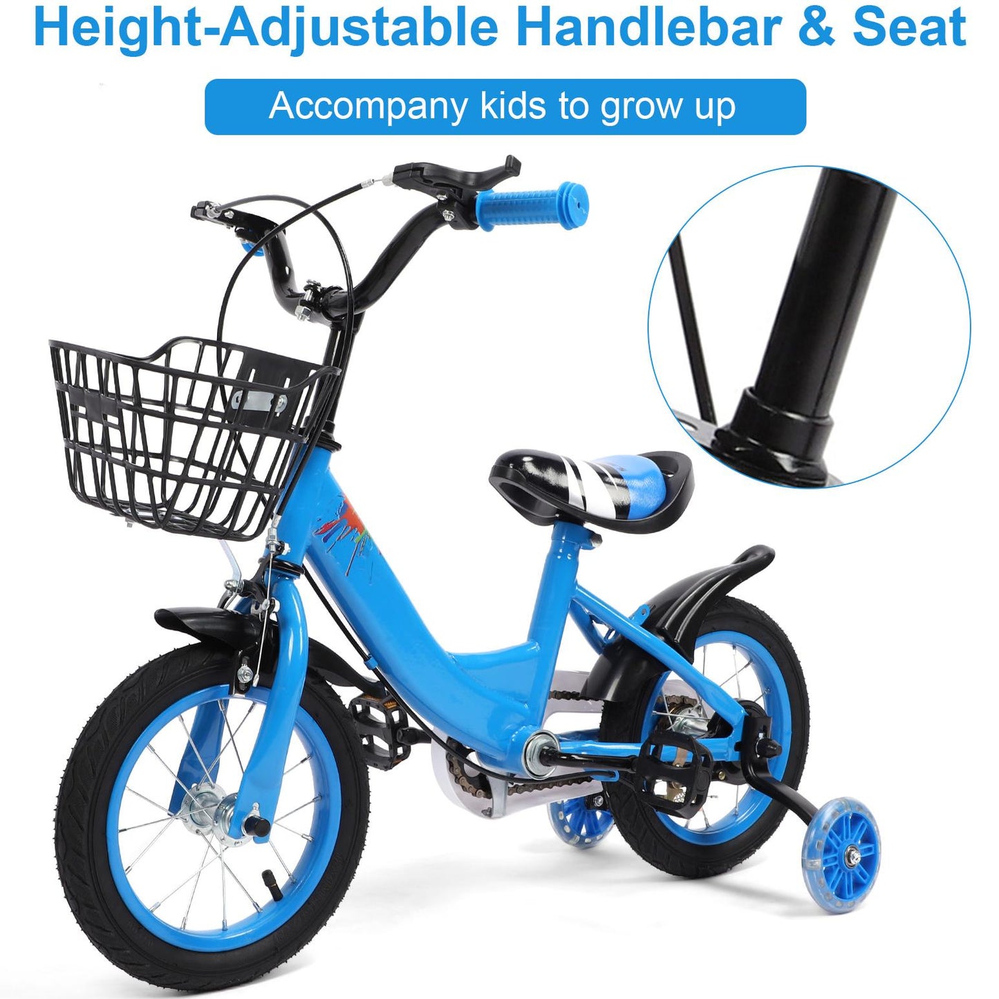 12 inch Kids Bike with Training Wheels, 2-in-1 Kids Bicycle with Adjustable Handlebar/Seat, Toddler Bike Gift for Boys Girls Kids Toddlers 1-5 YO,Blue