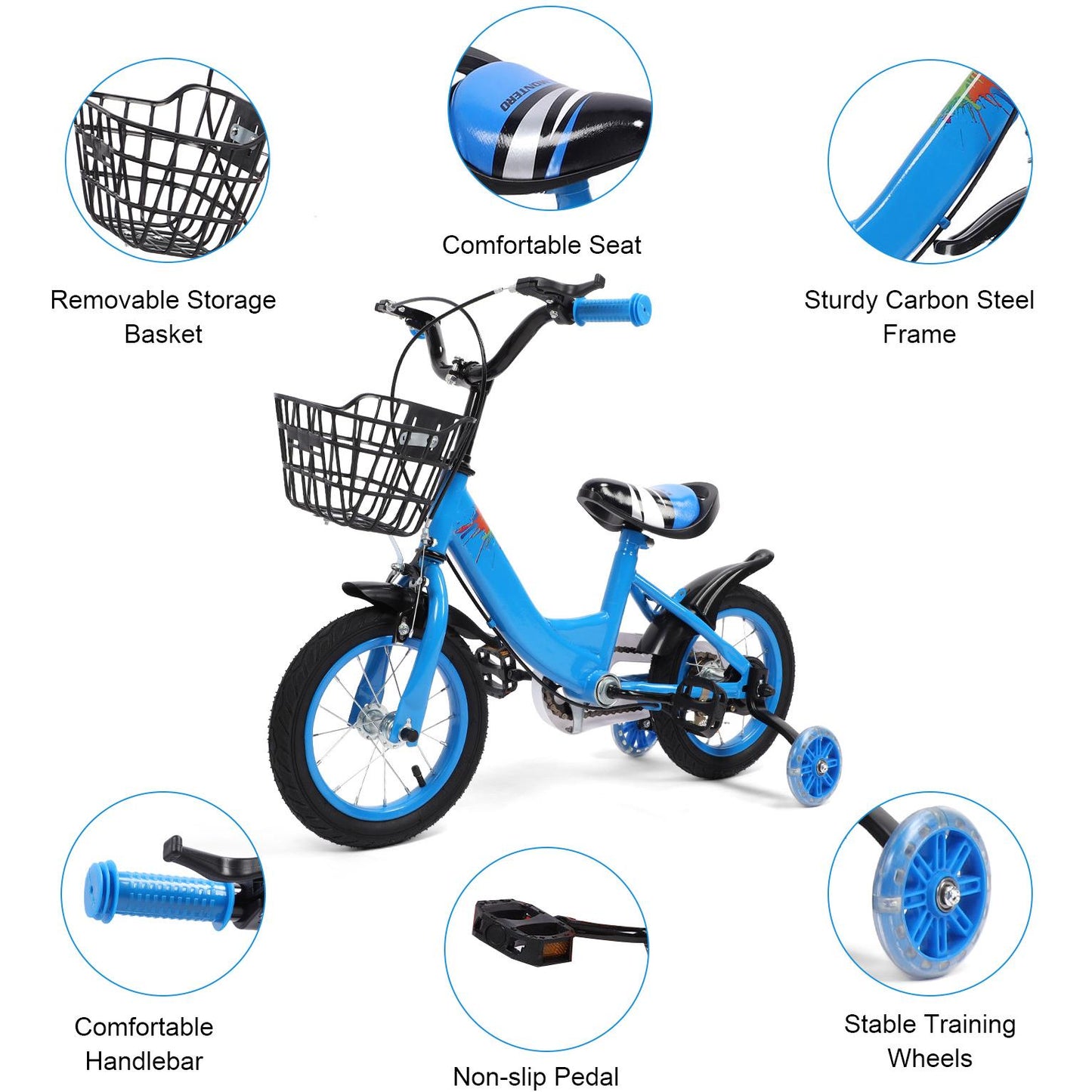 12 inch Kids Bike with Training Wheels, 2-in-1 Kids Bicycle with Adjustable Handlebar/Seat, Toddler Bike Gift for Boys Girls Kids Toddlers 1-5 YO,Blue