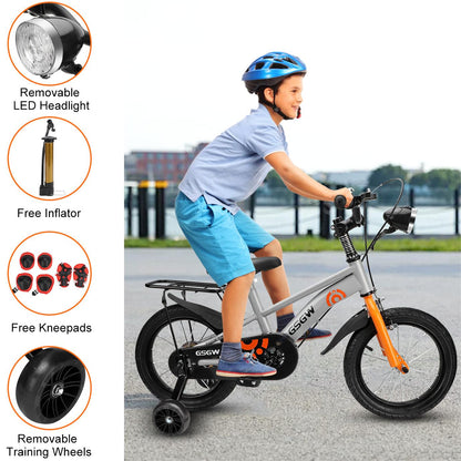 14" Kids Bike w/Training Wheel,Height Adjustable Kids Bicycle w/Headlight/Inflator/Protective Gear,Birthday Gift for Girls Boys Toddler Kids 3 to 6 YO