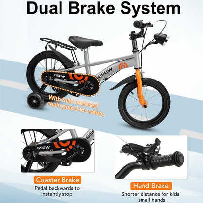 14" Kids Bike w/Training Wheel,Height Adjustable Kids Bicycle w/Headlight/Inflator/Protective Gear,Birthday Gift for Girls Boys Toddler Kids 3 to 6 YO