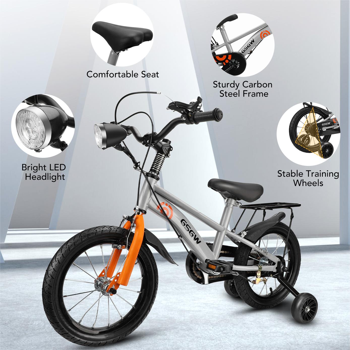 14" Kids Bike w/Training Wheel,Height Adjustable Kids Bicycle w/Headlight/Inflator/Protective Gear,Birthday Gift for Girls Boys Toddler Kids 3 to 6 YO