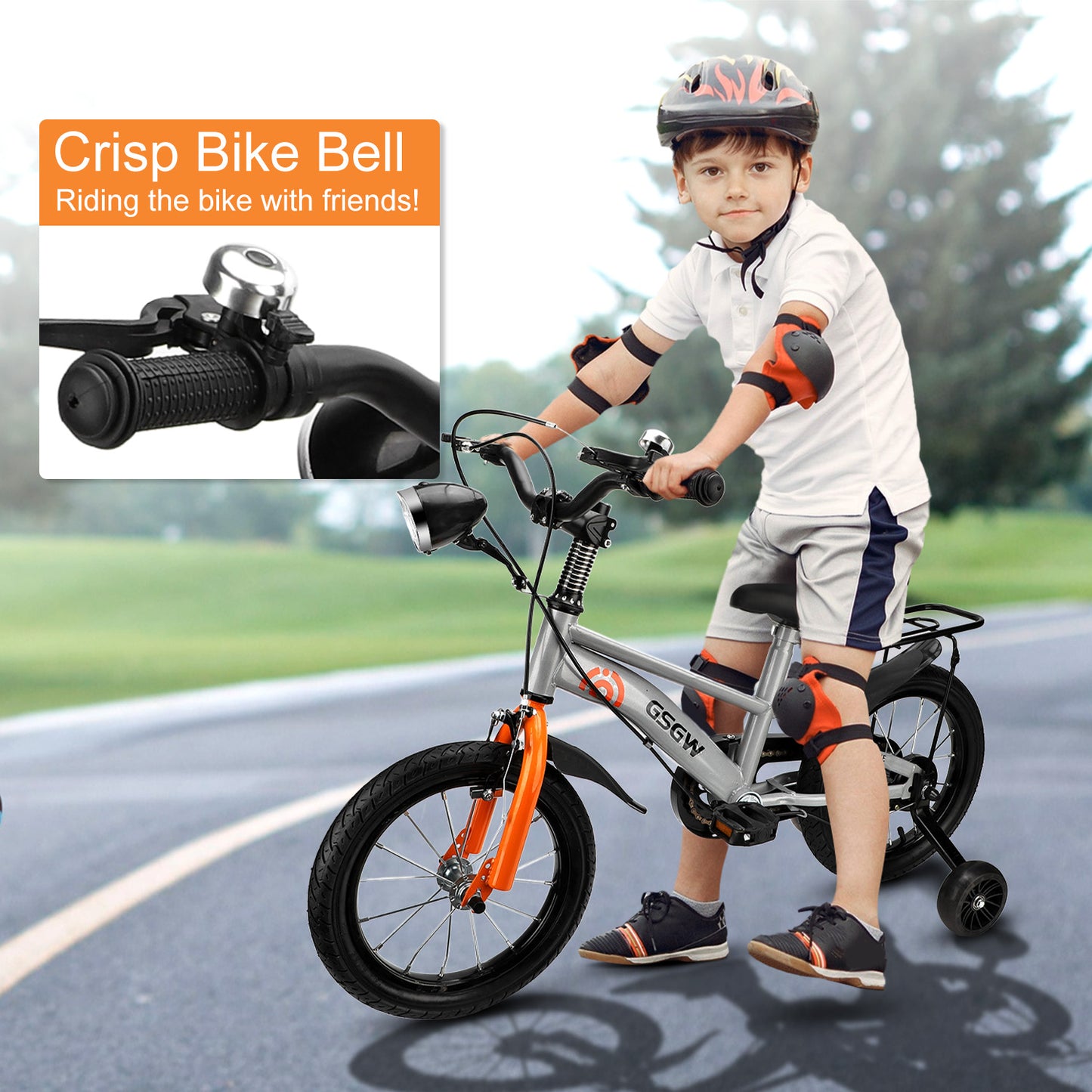 14" Kids Bike w/Training Wheel,Height Adjustable Kids Bicycle w/Headlight/Inflator/Protective Gear,Birthday Gift for Girls Boys Toddler Kids 3 to 6 YO