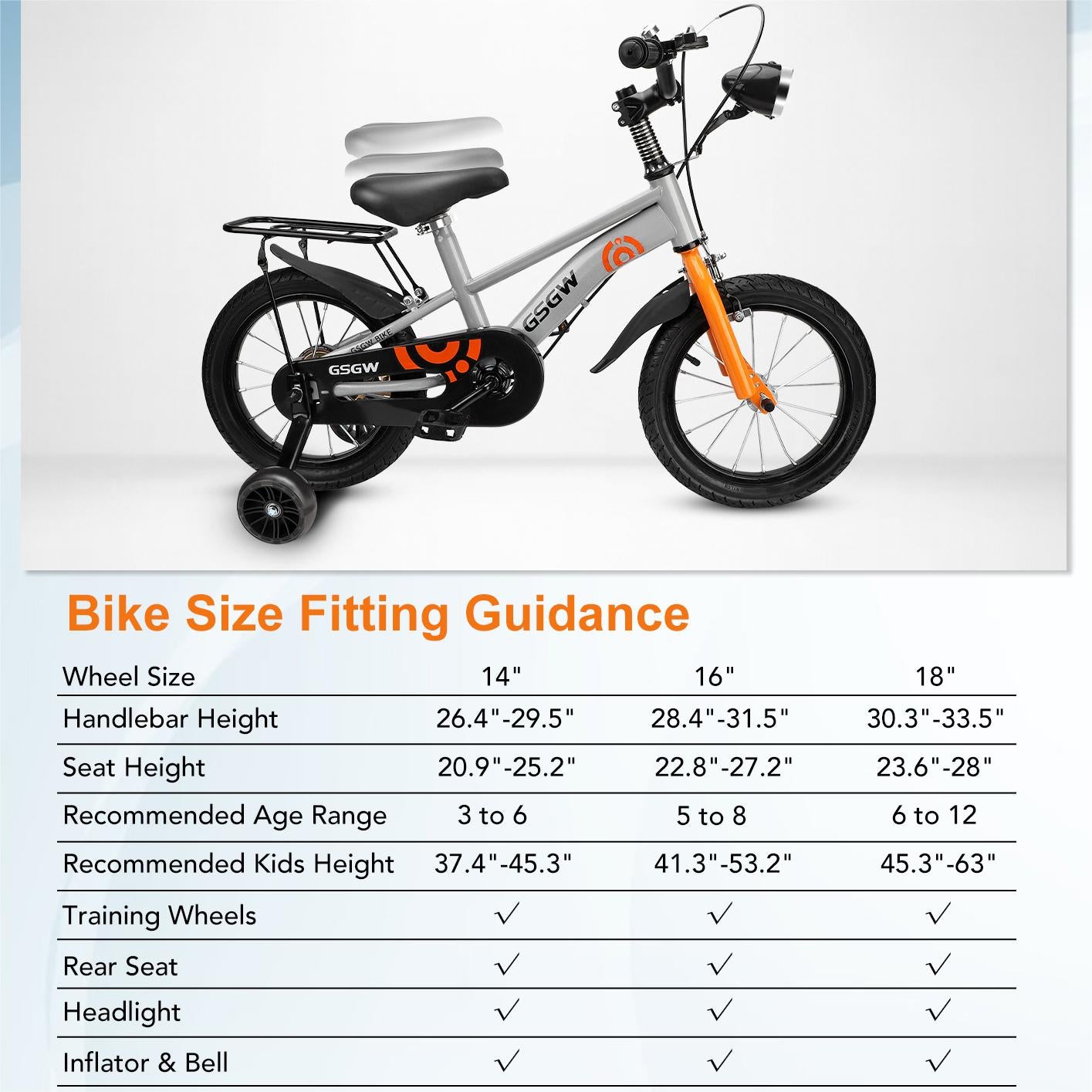 14" Kids Bike w/Training Wheel,Height Adjustable Kids Bicycle w/Headlight/Inflator/Protective Gear,Birthday Gift for Girls Boys Toddler Kids 3 to 6 YO