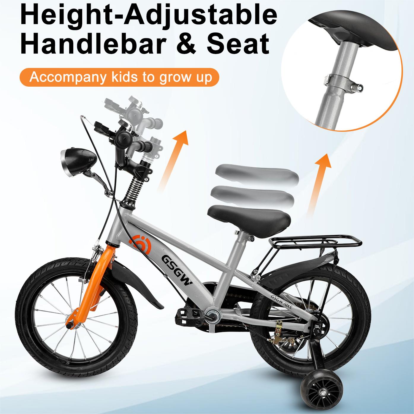 14" Kids Bike w/Training Wheel,Height Adjustable Kids Bicycle w/Headlight/Inflator/Protective Gear,Birthday Gift for Girls Boys Toddler Kids 3 to 6 YO