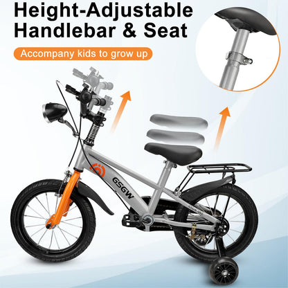 14" Kids Bike w/Training Wheel,Height Adjustable Kids Bicycle w/Headlight/Inflator/Protective Gear,Birthday Gift for Girls Boys Toddler Kids 3 to 6 YO