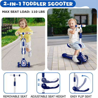 Eotvia Kids Scooter with LED Lighted Wheels, 3 Adjustable Handlebar/Foldable Seat, Sit or Stand Ride, Lean-to-Steer & Deck, Scooters for Kids 3-5,Blue