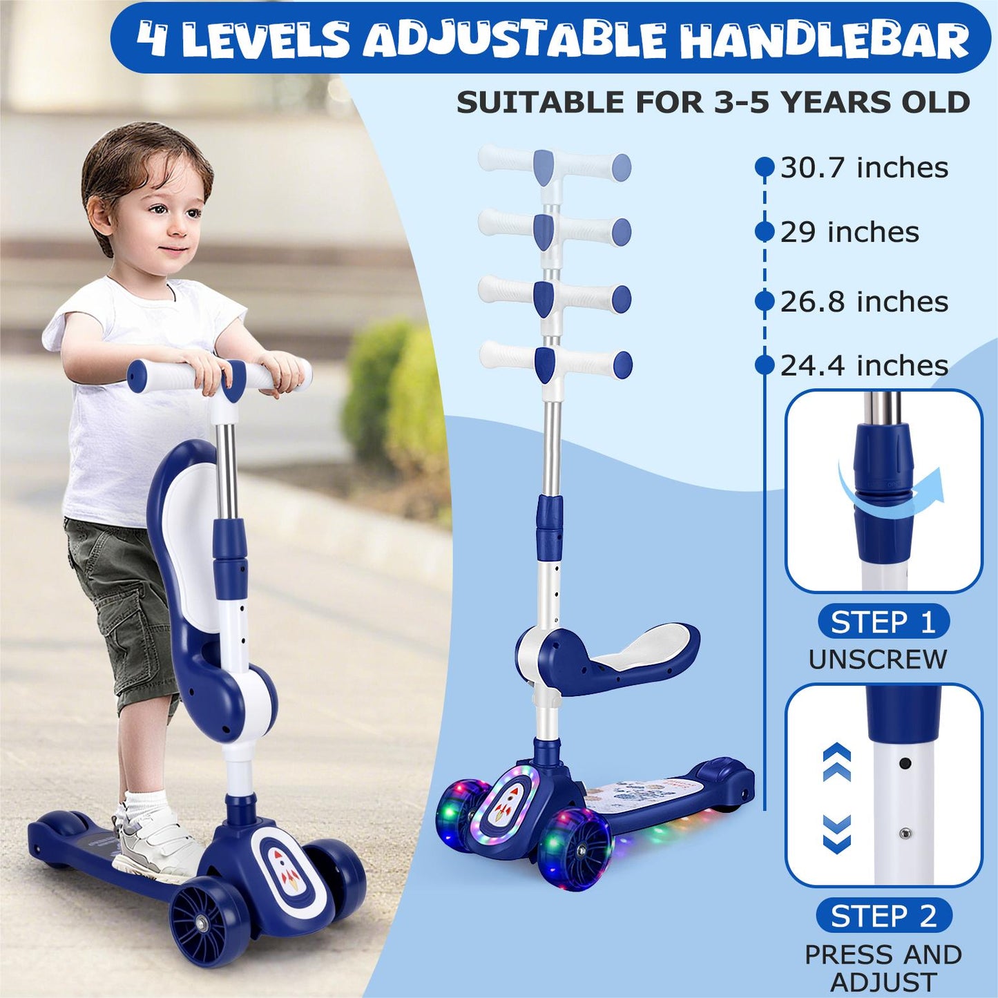 Eotvia Kids Scooter with LED Lighted Wheels, 3 Adjustable Handlebar/Foldable Seat, Sit or Stand Ride, Lean-to-Steer & Deck, Scooters for Kids 3-5,Blue
