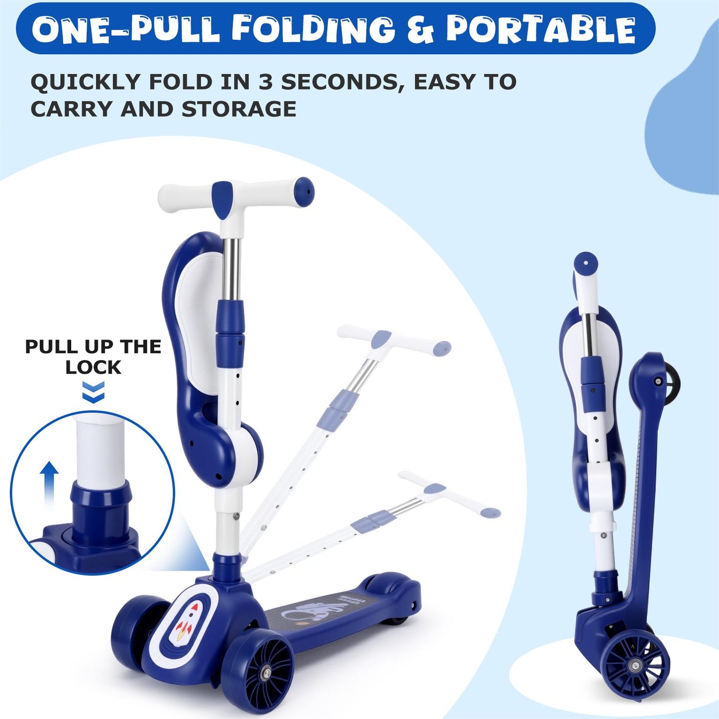 Eotvia Kids Scooter with LED Lighted Wheels, 3 Adjustable Handlebar/Foldable Seat, Sit or Stand Ride, Lean-to-Steer & Deck, Scooters for Kids 3-5,Blue